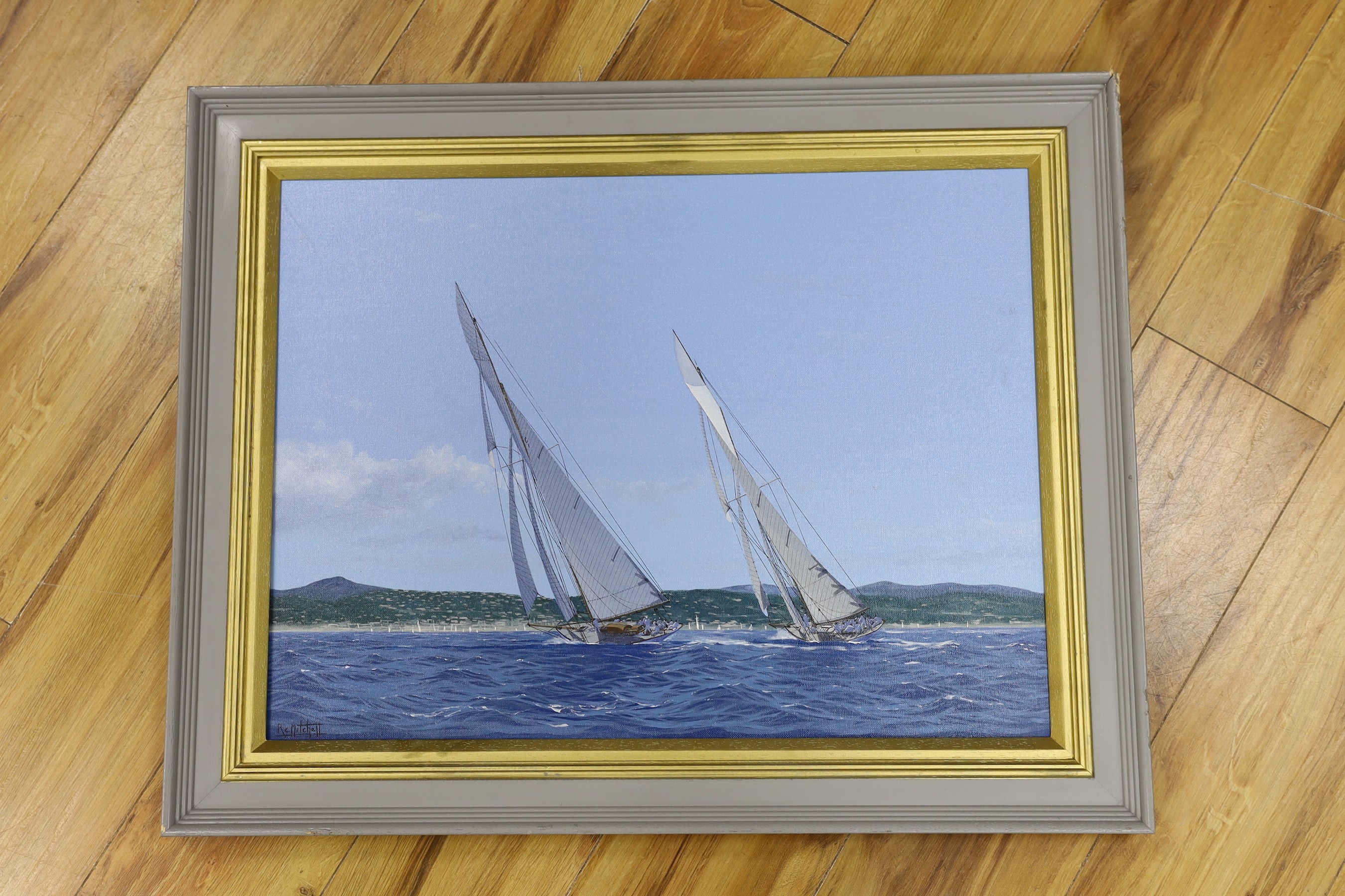 Ron Charles Mitchell (1960-), oil on canvas, 'Marquita & Tuiga racing, Regatta Royales, Cannes', signed, 45 x 60cm